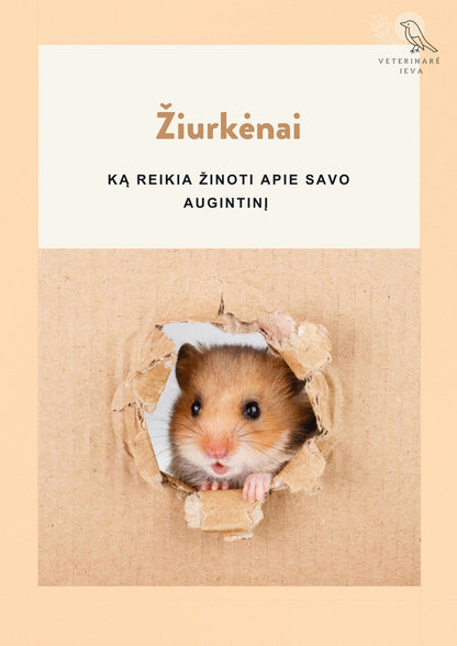 Book cover with a hamster peeking out from a cardboard hole, titled 'Žiurkėnai' about hamsters.