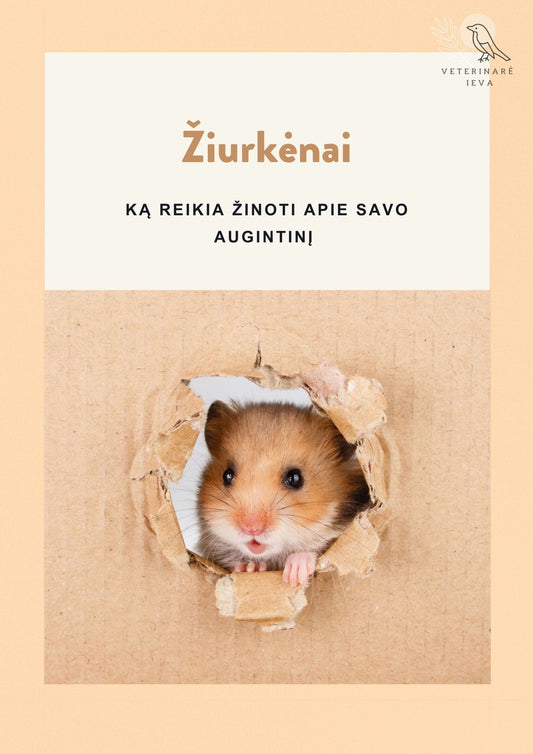 Book cover with a hamster peeking out from a cardboard hole, titled 'Žiurkėnai' about hamsters.