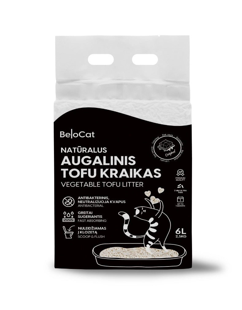 Bag of BeloCat natural vegetable tofu litter on a white background