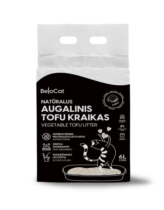 Bag of BeloCat natural vegetable tofu litter on a white background