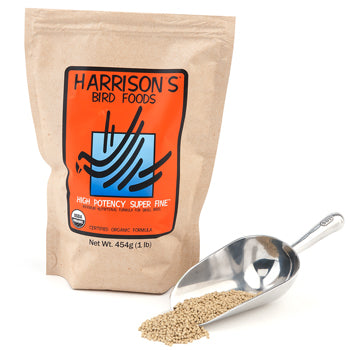 A bag of Harrison's Bird Foods branded as 'High Potency Super Fine,' next to a spoonful of the bird food, with a net weight of 0.45 kg.