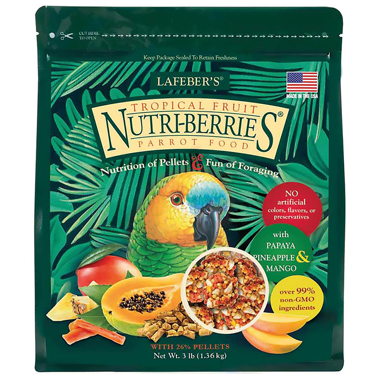 Package of Lafeber Tropinių vaisių Nutri-Berries bird food featuring images of colorful parrots and fruits such as papaya, pineapple, and mango.