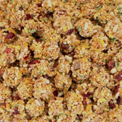 Close-up of a textured food mixture with various colors and textures
