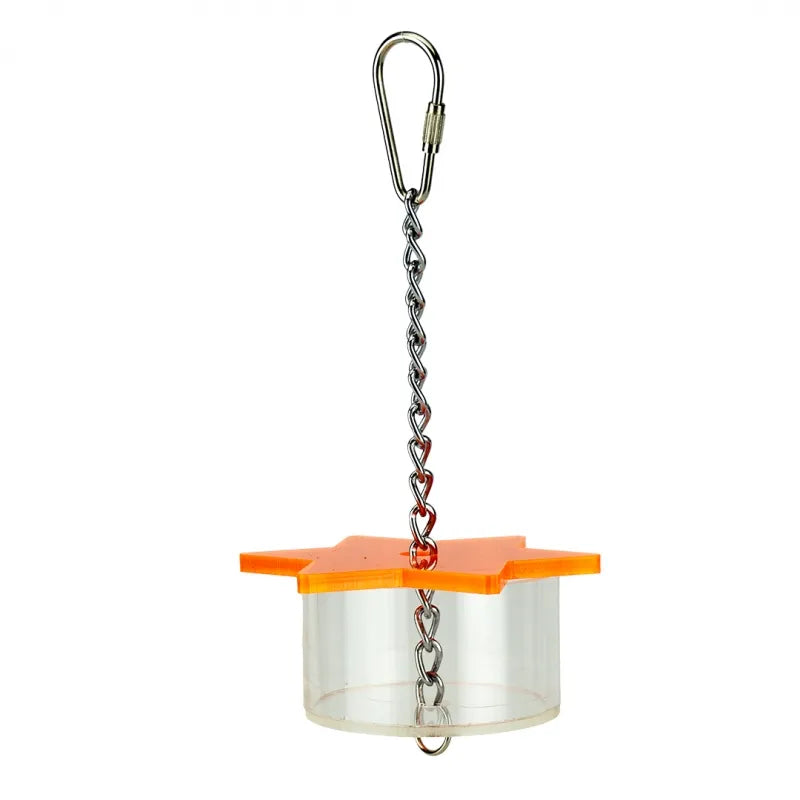 Clear container with orange top and metal chain on a white background