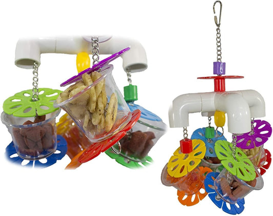 Colorful bird toy with hanging compartments on a white background