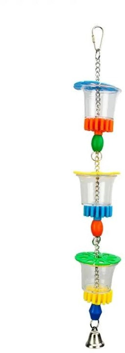 Colorful bird toy with hanging tubes and a bell on a white background