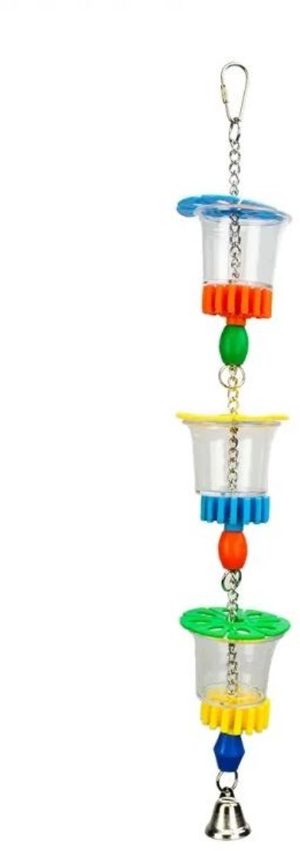 Colorful bird toy with hanging tubes and a bell on a white background