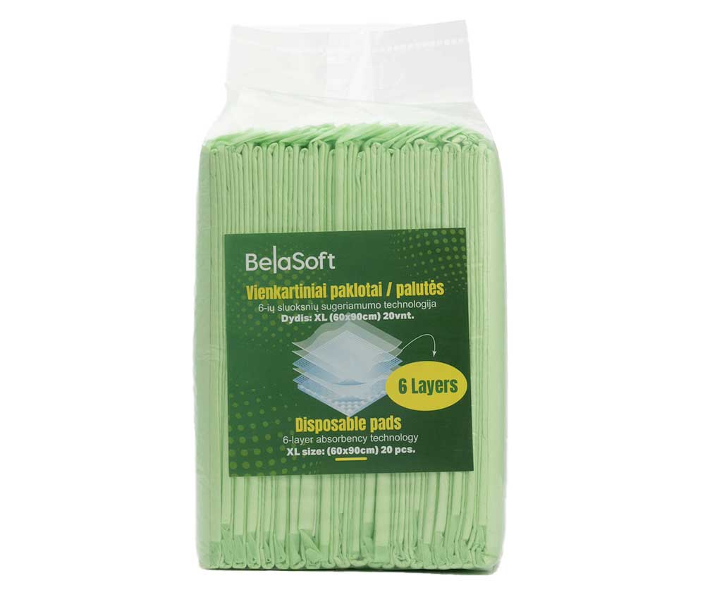 Green package of BelaSoft disposable pads with a white top on a white background