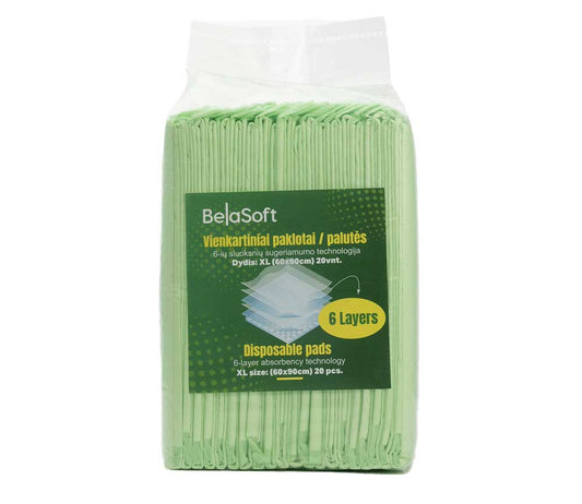 Green package of BelaSoft disposable pads with a white top on a white background