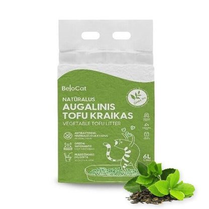 Green package of BeloCat vegetable tofu litter with branding and product details.