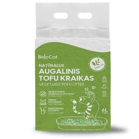 Green package of BeloCat vegetable tofu litter with text and a cat illustration on a white background