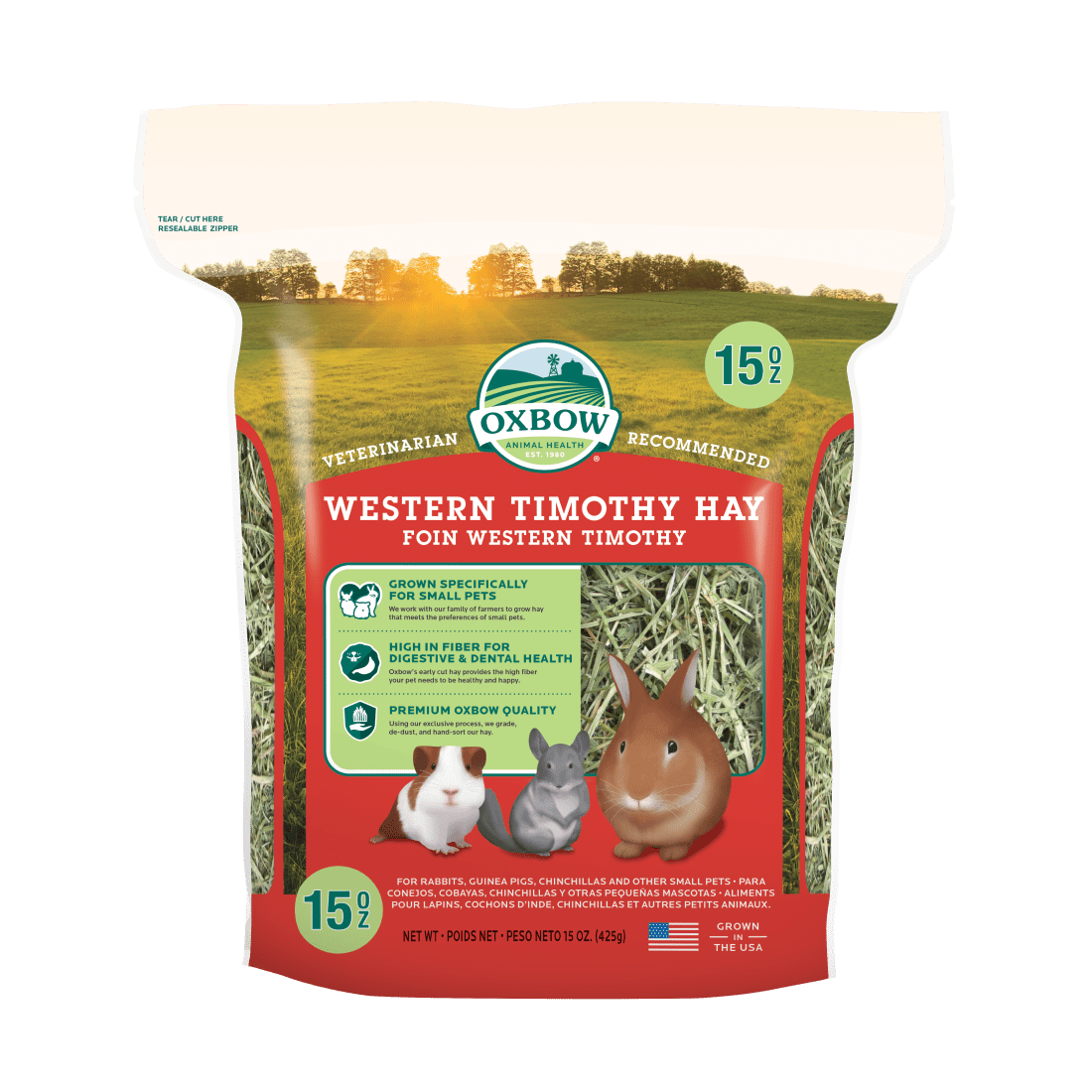 Bag of Oxbow Western Timothy Hay with images of small animals on a white background