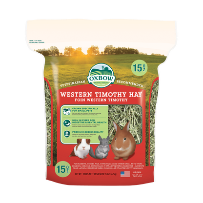 Bag of Oxbow Western Timothy Hay with images of small animals on a white background