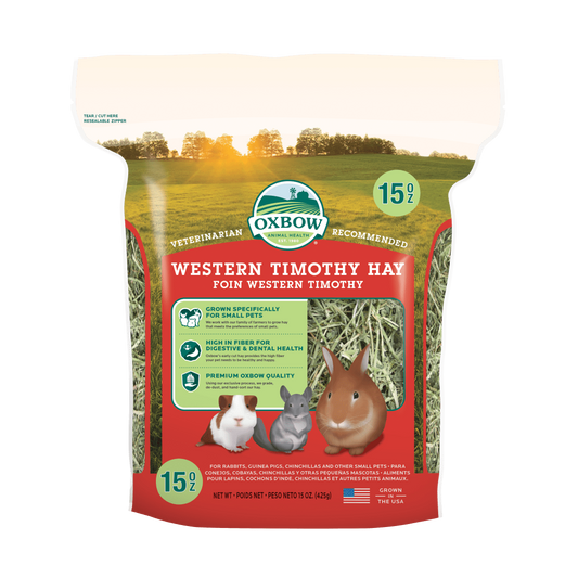 Bag of Oxbow Western Timothy Hay with images of small animals on a white background