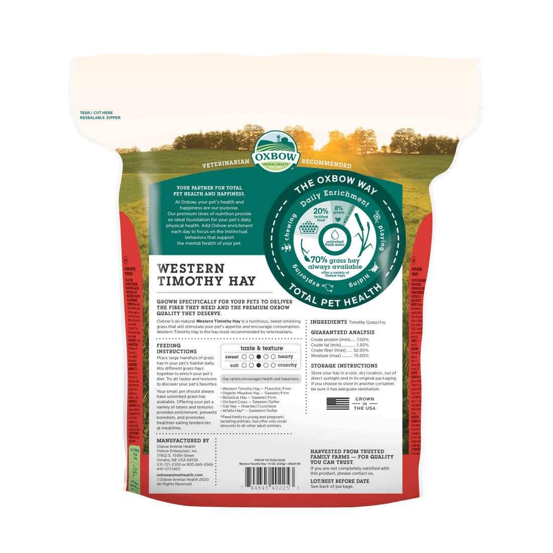 Bag of Oxbow Western Timothy Hay with a scenic background on the label