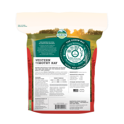 Bag of Oxbow Western Timothy Hay with a scenic background on the label
