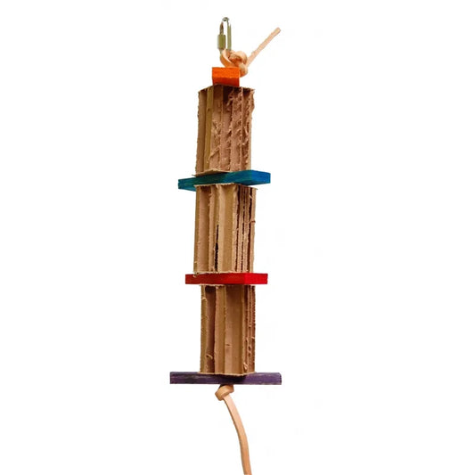 A multicolored cardboard and plastic bird ladder with a series of platforms and a bell hanging from the top, designed for cats.